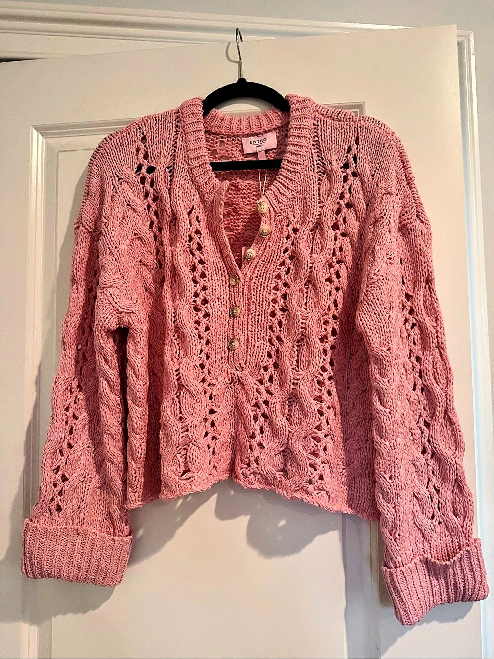 ENTRO Open Knit Button-Front Cardigan in Pink Small NWT